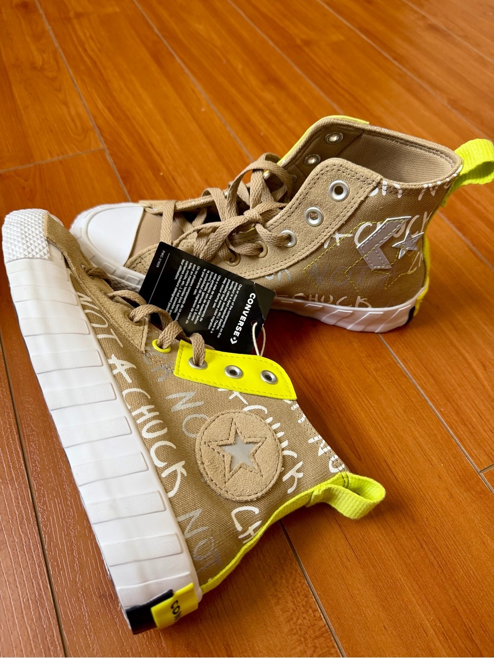 Converse Kids Beige High-Top Sneakers with Neon Yellow Accents
